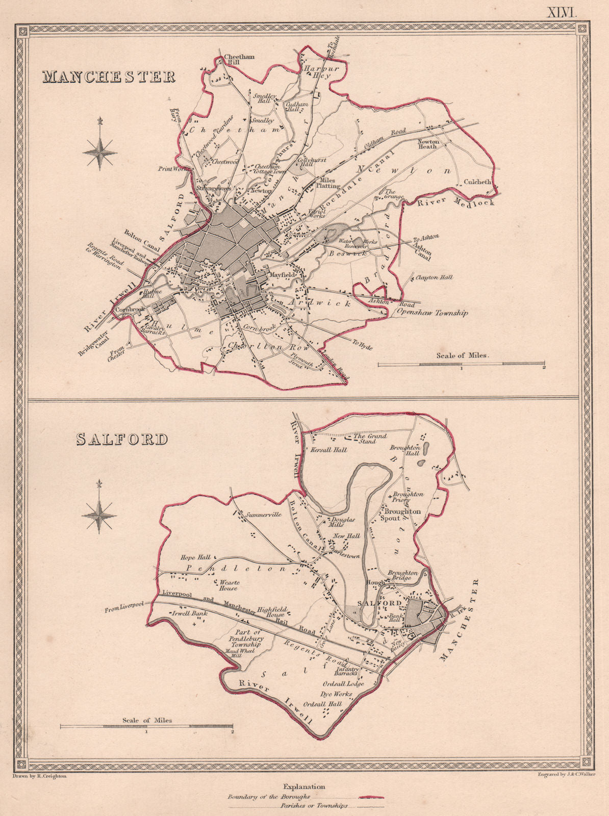 MANCHESTER & SALFORD. Town city borough plans. Lancs. CREIGHTON/WALKER 1835 map